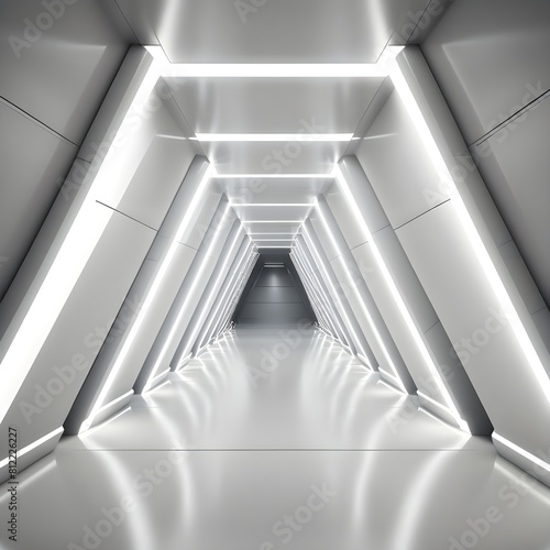 Empty Long Light Corridor. Modern white background. Futuristic Sci-Fi Triangle Tunnel. 3D Rendering 