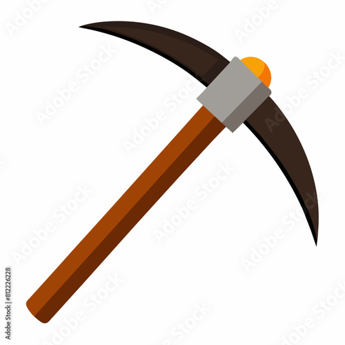 Axe equipment tool. Mining industry, axe illustration icon. Wooden work axe. Wood cartoon axe. Object mattock. Mining symbol. Mediaeval geologic craft. Cartoon axe. Excavation logo. Vector graphic.