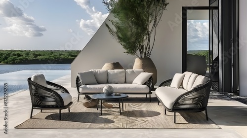 Imagine a contemporary outdoor lounge set constructed from weather-resistant materials, combining comfort and durability for alfresco relaxation.
