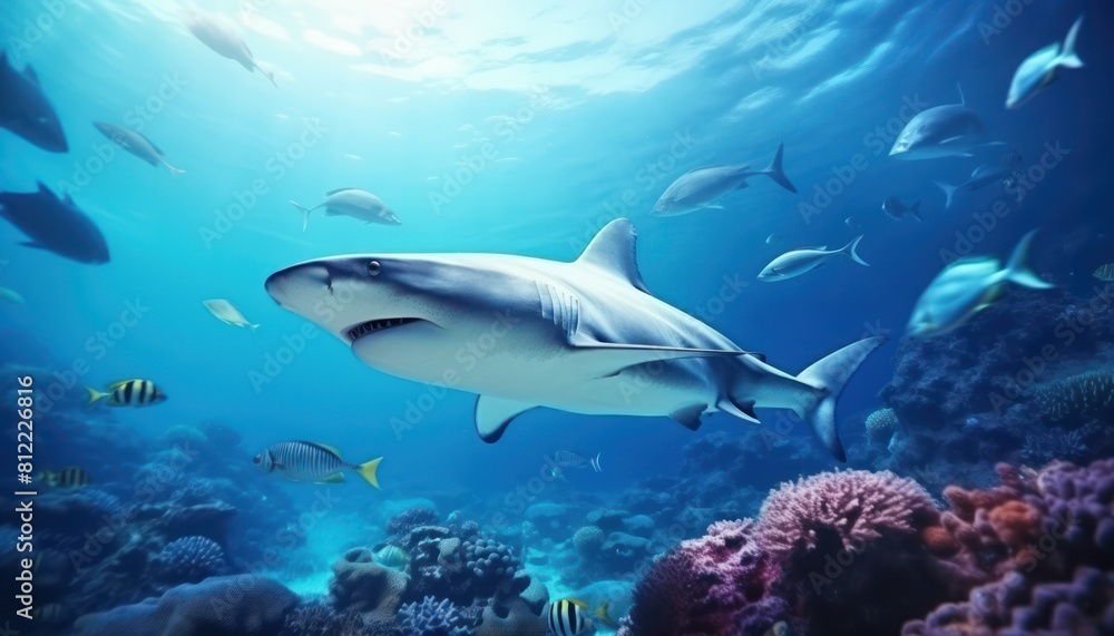 The great White Shark in the ocean, portrait of White shark hunting prey in the underwater The great White Shark in the ocean, portrait of White shark hunting prey in the underwater