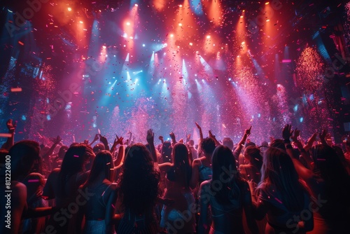 A bustling nightclub full of people with hands raised  confetti falling  and a vibrant light show