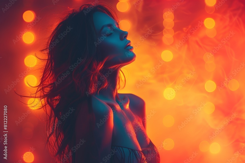 A sensual portrait of a woman enveloped in red neon lighting and atmospheric smoke for a moody effect A sensual portrait of a woman enveloped in red neon lighting and atmospheric smoke for a moody effect