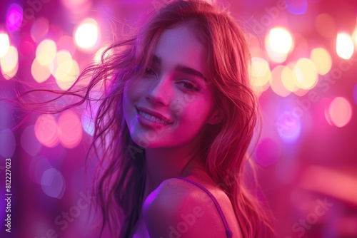 A smiling woman gazes playfully at the camera with bokeh lights creating a festive backdrop