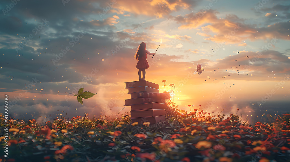 Girl on Books Amidst Flower Field at Sunset, Generative AI