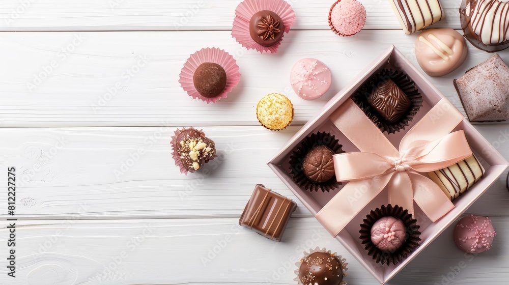 Delectable chocolate treats arranged in a gift box set against a pristine white wooden backdrop This captivating display includes a greeting card suitable for occasions like Mother s Day Ma