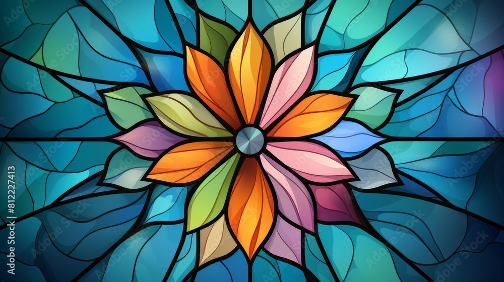 Vibrant mandala design with stained glass effect in primary colors for a captivating backdrop Vibrant mandala design with stained glass effect in primary colors for a captivating backdrop