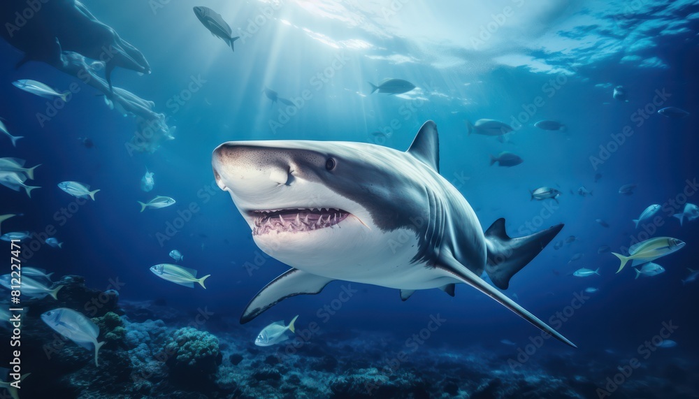 Fototapeta premium The great White Shark in the ocean, portrait of White shark hunting prey in the underwater