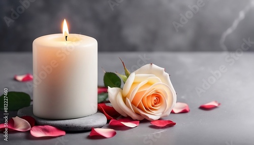 White candle with a rose and flowers petals on grey stone panoramic background with copy space  funeral web banner created with generative ai 