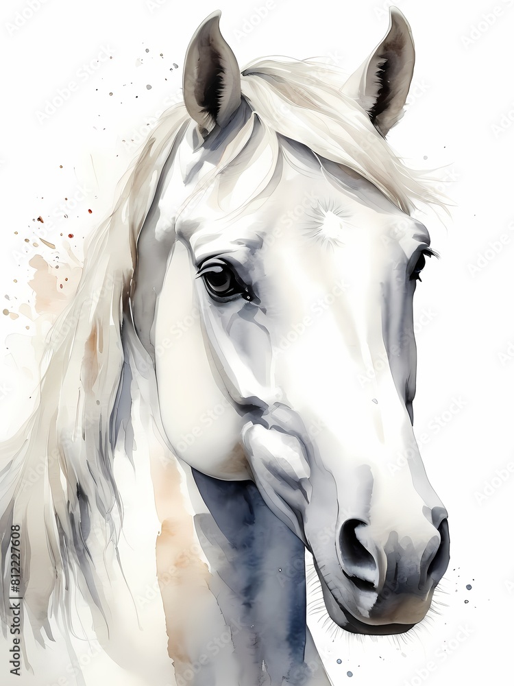 Floral White Horse Watercolor Painting Generative AI Illustration 