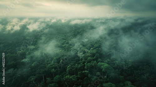 Behold the ethereal sight of a lush dark green forest shrouded in misty clouds from an aerial perspective This captivating image embodies the essence of preserving and restoring the rich bi