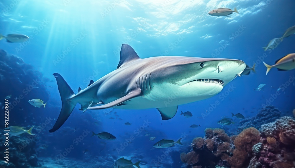 The great White Shark in the ocean, portrait of White shark hunting prey in the underwater The great White Shark in the ocean, portrait of White shark hunting prey in the underwater