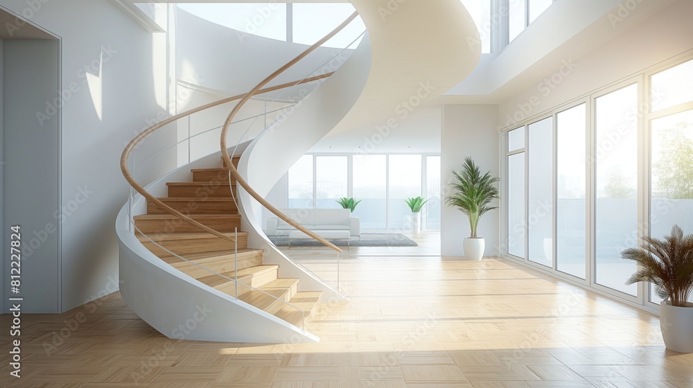 Obraz premium A contemporary living space showcasing a wood spiral staircase complemented by stylish railings