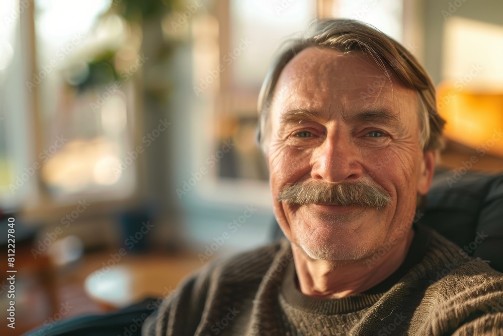 A content older man with a mustache enjoys a moment in a sunlit room, conveying serenity and happiness A content older man with a mustache enjoys a moment in a sunlit room, conveying serenity and happiness