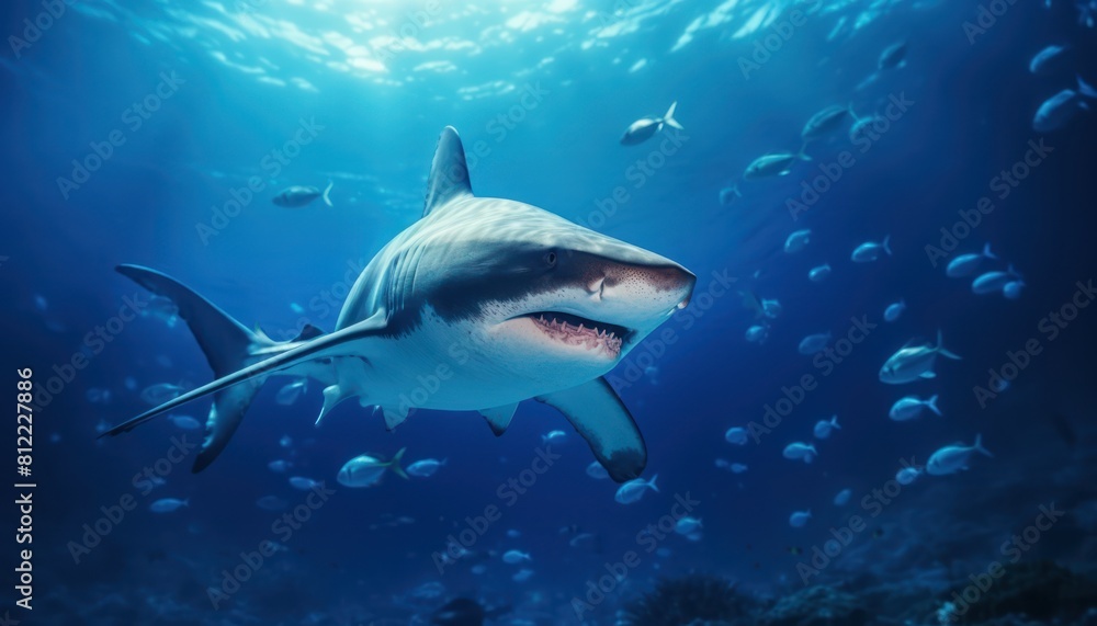 The great White Shark in the ocean, portrait of White shark hunting prey in the underwater The great White Shark in the ocean, portrait of White shark hunting prey in the underwater
