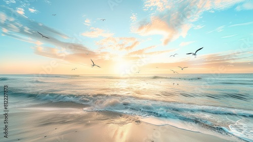 A serene beachscape bathed in the soft hues of sunrise  with seagulls through the sky.