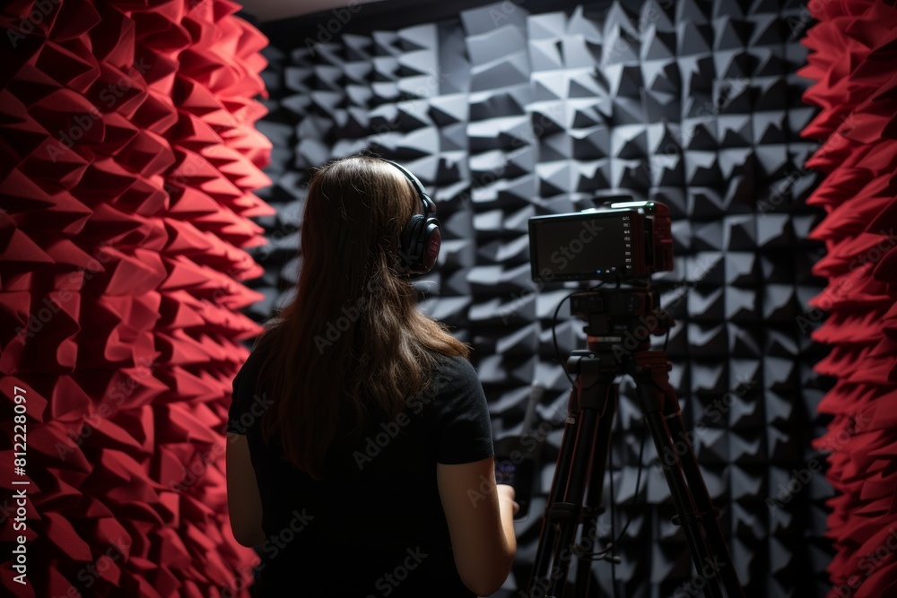 Professional voiceover prep in soundproof studio for dubbing, focusing on vocal delivery