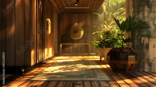 Immerse yourself in the tranquility of a wooden entrance hallway  adorned with contemporary furniture that blends seamlessly with nature. HD realism enhances every detail  creating a serene retreat.