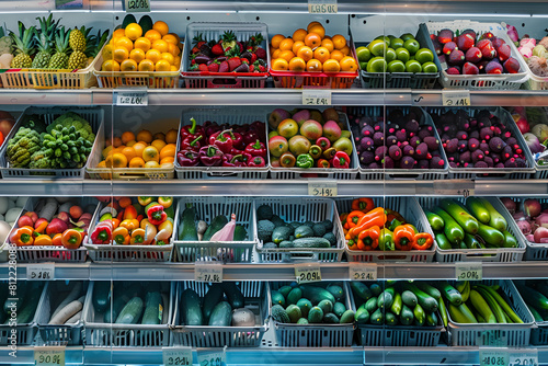 Fresh produce displayed in a supermarket fridge, vibrant colors of fruits and vegetables, healthy food