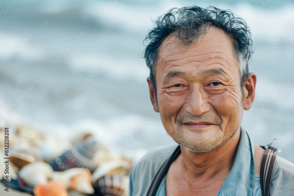 A senior man wearing a light jacket and smiling softly at a beach covered with shells and ocean in the backdrop A senior man wearing a light jacket and smiling softly at a beach covered with shells and ocean in the backdrop