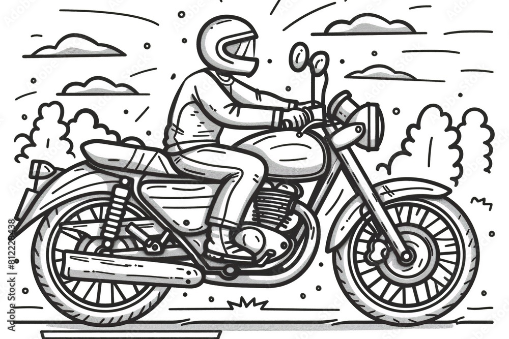A simple outline drawing of a cartoon motorcycle with a joyful rider, cruising down a winding road, providing a delightful coloring opportunity for young children.