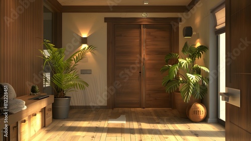 Immerse yourself in the tranquility of a wooden entrance hallway  beautifully appointed with contemporary furniture. HD realism captures the essence of comfort and style.