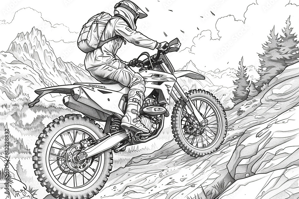 A simple outline drawing of a cartoon motorcycle with a joyful rider, cruising down a winding road, providing a delightful coloring opportunity for young children. A simple outline drawing of a cartoon motorcycle with a joyful rider, cruising down a winding road, providing a delightful coloring opportunity for young children.