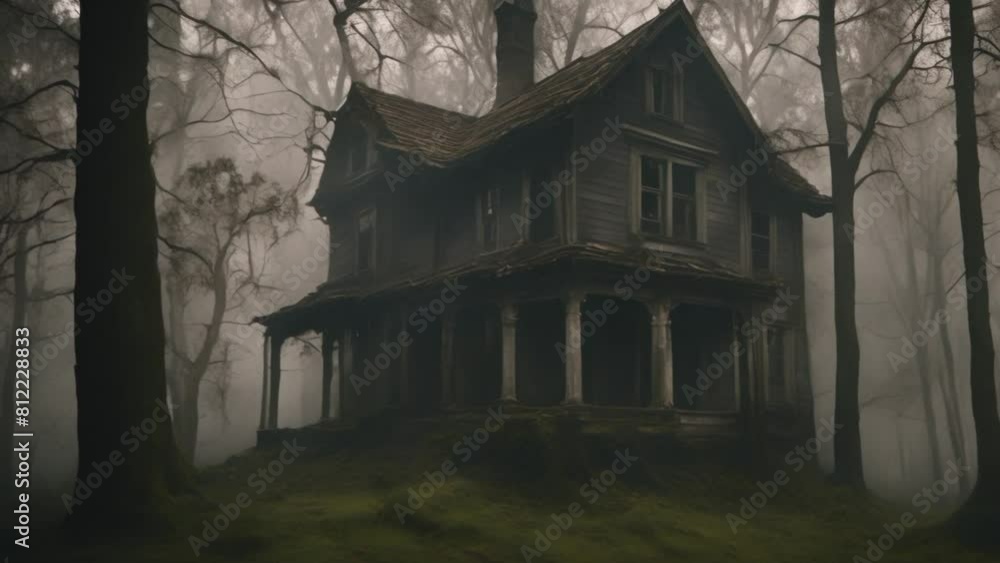 A spooky, old house with broken windows and creaky doors, hidden deep in a dark, misty forest with tall, shadowy trees A spooky, old house with broken windows and creaky doors, hidden deep in a dark, misty forest with tall, shadowy trees