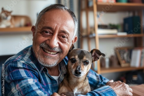 A joyful senior man embracing his small dog, reflecting companionship and loving pet-owner relationship