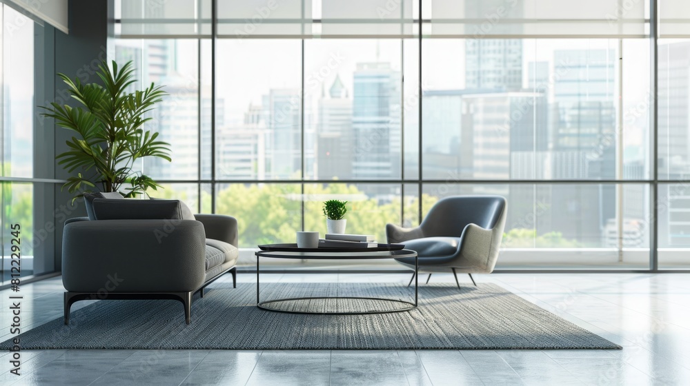 Fototapeta premium Stylish lobby gray interior with soft place and coffee table, panoramic window