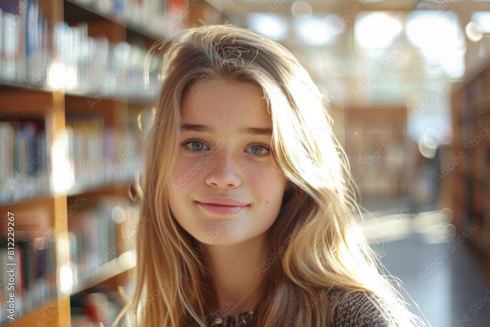 Teen girl in library with sunlight flares creating a warm and inviting atmosphere Teen girl in library with sunlight flares creating a warm and inviting atmosphere