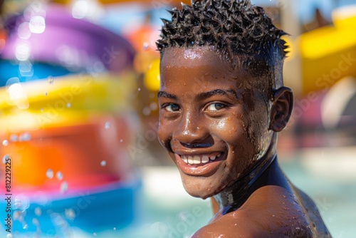 Young boy with wet hair smiling in front of colorful waterpark slides and splashing water photo