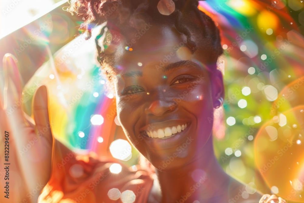Cheerful young woman with a radiant smile in bright sunlight with rainbow diffraction, conveying positive energy and joy Cheerful young woman with a radiant smile in bright sunlight with rainbow diffraction, conveying positive energy and joy