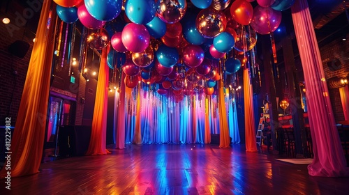 The venue is adorned with balloons and disco balls creating a nostalgic atmosphere of an adult theme