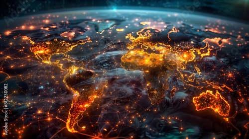 Marvel at the intricate network of illuminated cities sprawled across the globe, each a beacon of human civilization