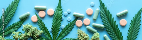 A diverse range of medicinal cannabis leaves and pills is displayed against a backdrop of vibrant blue