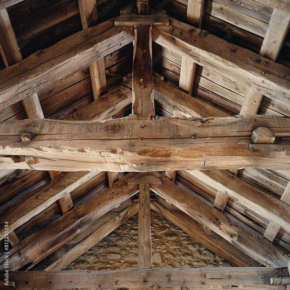 Rustic wooden structure with truss, posts, and beams showcasing traditional craftsmanship Rustic wooden structure with truss, posts, and beams showcasing traditional craftsmanship