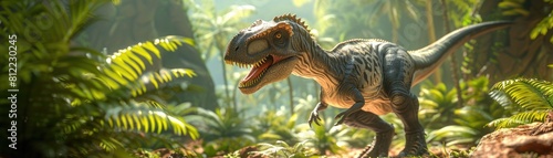 A playful scene unfolds in a prehistoric jungle  where a 3D dinosaur roams freely