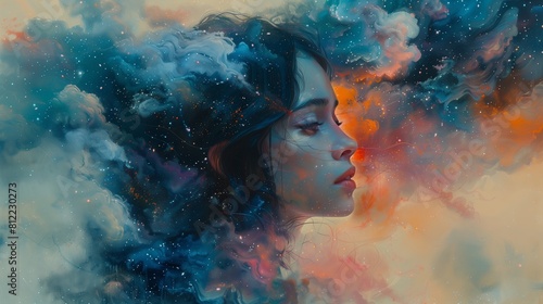 Artistic portrait of a woman blended with cosmic elements
