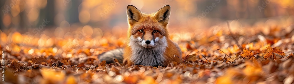 Autumn background with a red fox in the forest Autumn background with a red fox in the forest