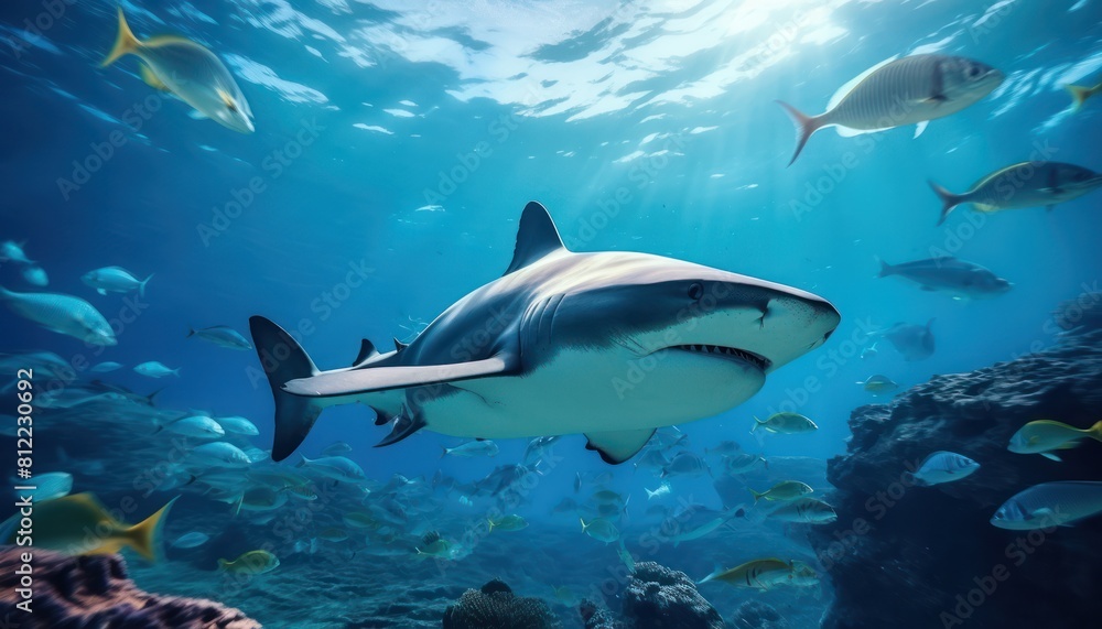 The great White Shark in the ocean, portrait of White shark hunting prey in the underwater
