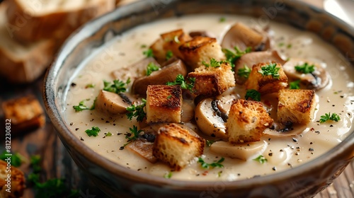 A closeup of Cream of mushroom soup with croutons, Fresh food serving