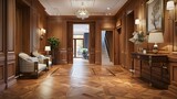 Picture a wooden entrance hallway that marries classic charm with modern sensibility. HD realism accentuates the sleek furniture arrangement, creating a space of timeless beauty.