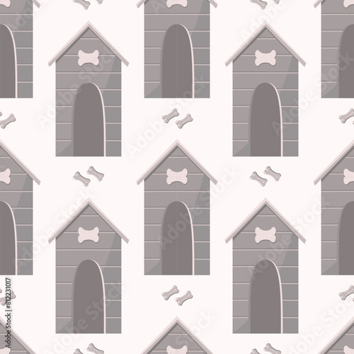 Seamless pattern with a house for a red dog and bones  dog food.