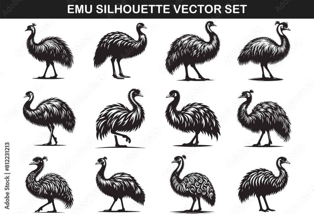 Fototapeta premium Emu Bird Silhouette Vector Illustration Set