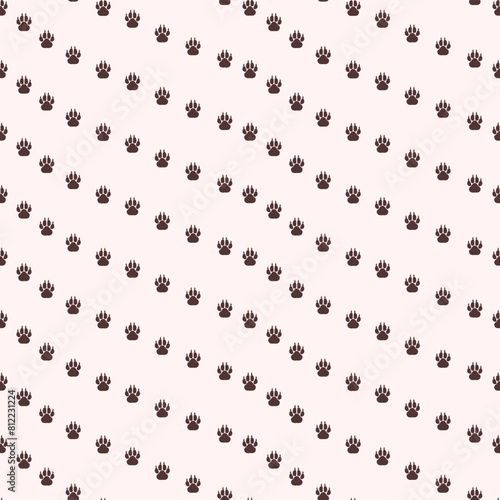 Seamless pattern with dog paw prints, wave stripe obliquely.