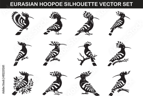 Eurasian Hoopoe Bird Silhouette Vector Illustration Set photo