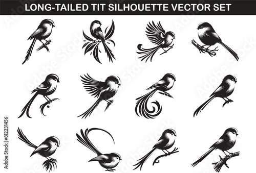 Long-Tailed Tit Bird Silhouette Vector Illustration Set photo