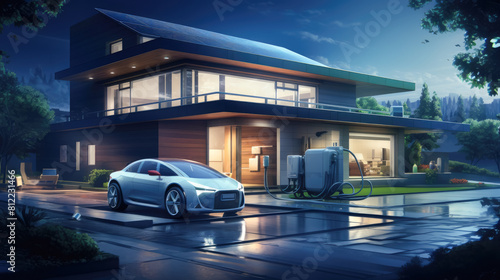 A futuristic car is parked in front of a large house © Dmitriy