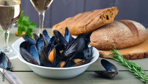 blue mussles with vine and baguette on wooden table photo