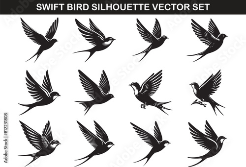 Swift Bird Silhouette Vector Illustration Set